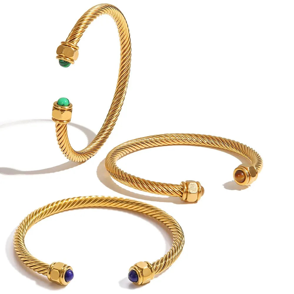 Stainless Steel Natural Stone Metal Texture Twisted Thread Bracelet 18k Gold Plated Tarnish Proof Women Jewelry Gift