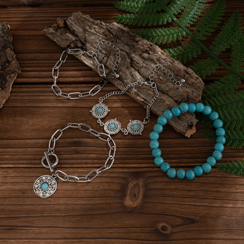 4-piece set of turquoise cowboy hat cross chain bracelet set, personalized multi-element bracelet