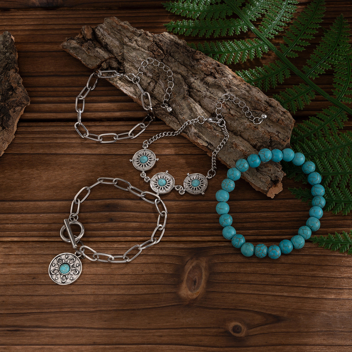 4-piece set of turquoise cowboy hat cross chain bracelet set, personalized multi-element bracelet