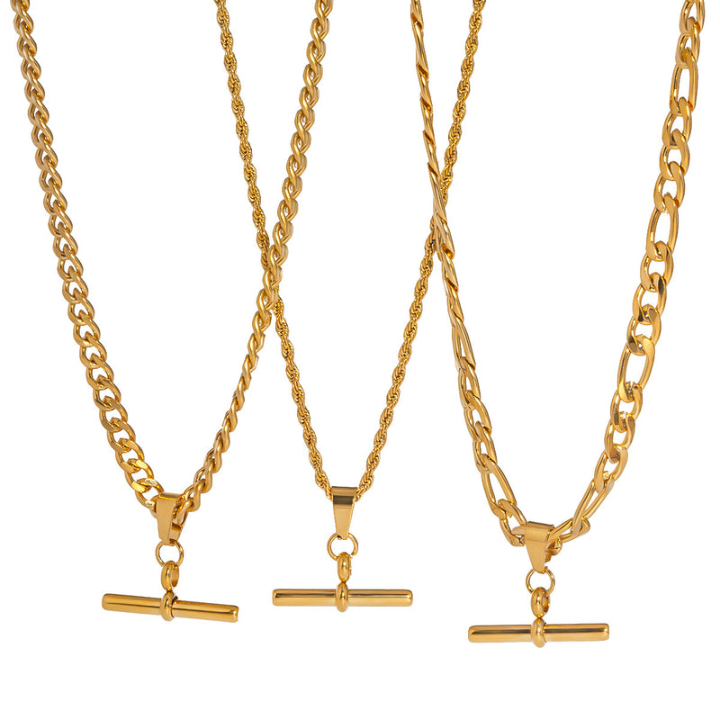 Hip Hop Punk Stainless Steel T-Bar Pendant Fried Dough Twists Chain Cuban Chain Necklace
