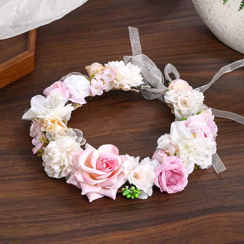 Floral Headband Hair Accessory with Artificial Flowers Wedding Bridal Veil, Photography Studio Beach Vacation Decorative Hairpiece