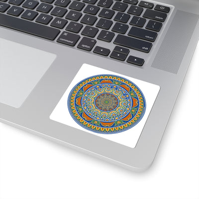 Mediterranean Mandala Kiss-Cut Sticker — Blue & Orange Decorative Circle Decal