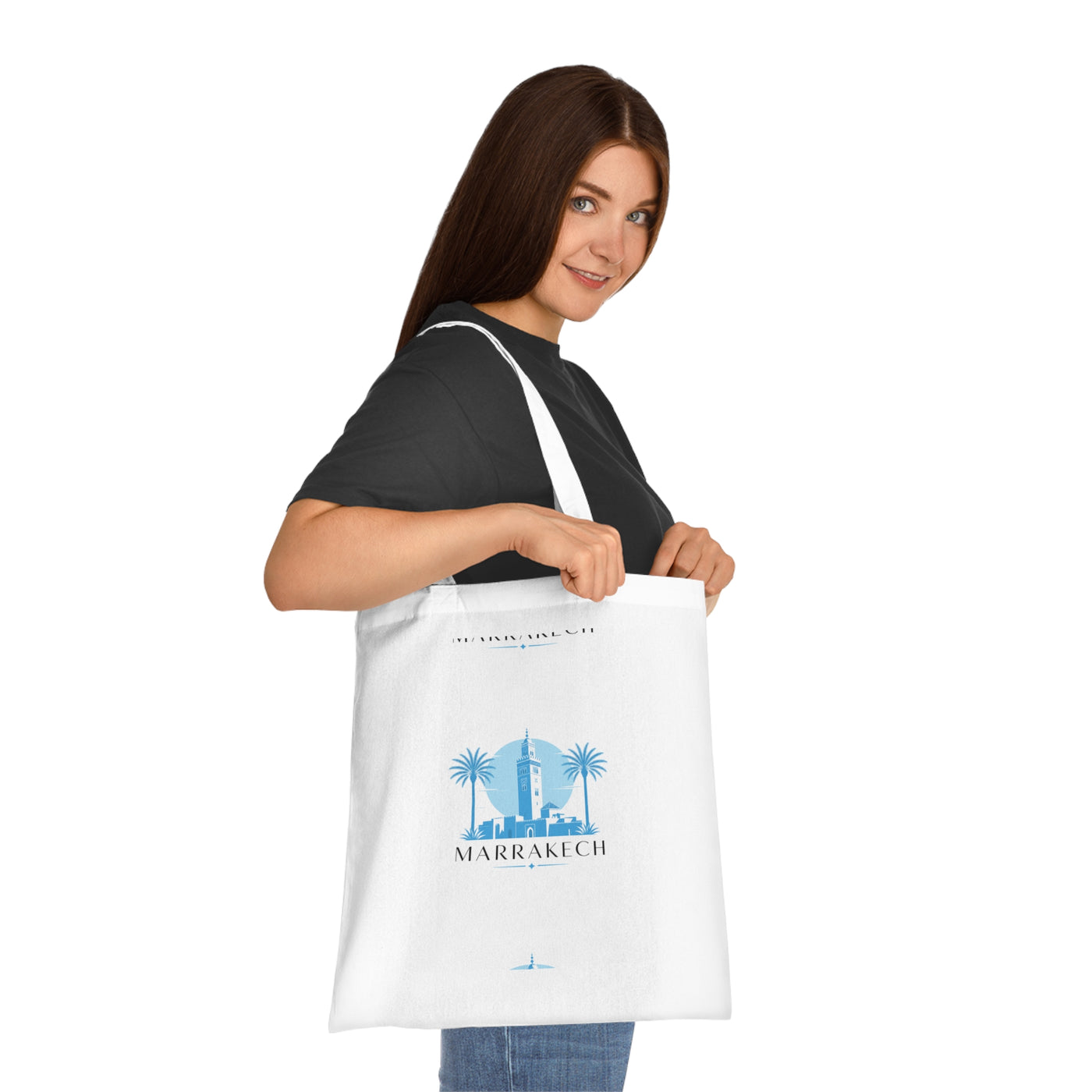 Marrakech Travel Tote Bag — Blue Palm Cityscape Cotton Tote