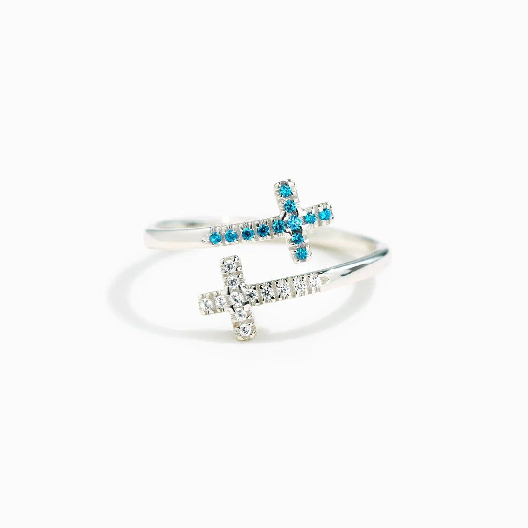 Bague Croix Zircon Bleu Blanc Réglable Femme | Boutique84