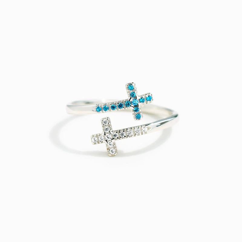 Double layered cross blue and white diamond open ring