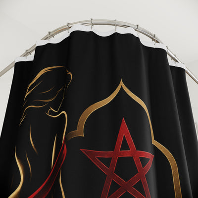 Morocco 'Maroc' Elegant Black Shower Curtain — Gold Silhouette & Red Star Design