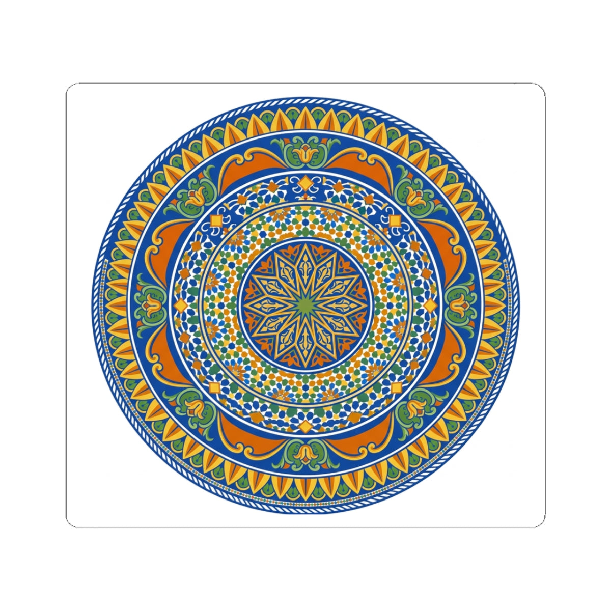 Mediterranean Mandala Kiss-Cut Sticker — Blue & Orange Decorative Circle Decal