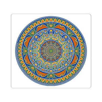 Mediterranean Mandala Kiss-Cut Sticker — Blue & Orange Decorative Circle Decal