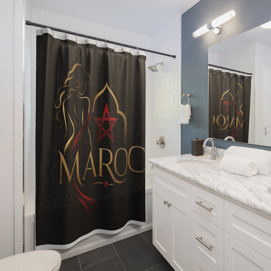 Morocco 'Maroc' Elegant Black Shower Curtain — Gold Silhouette & Red Star Design
