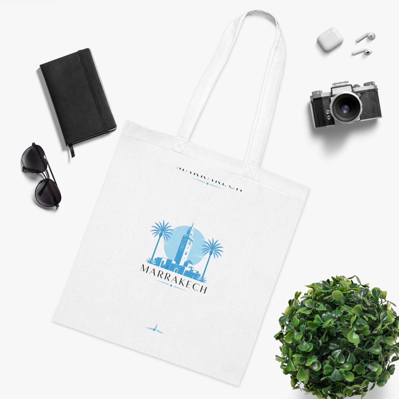 Marrakech Travel Tote Bag — Blue Palm Cityscape Cotton Tote