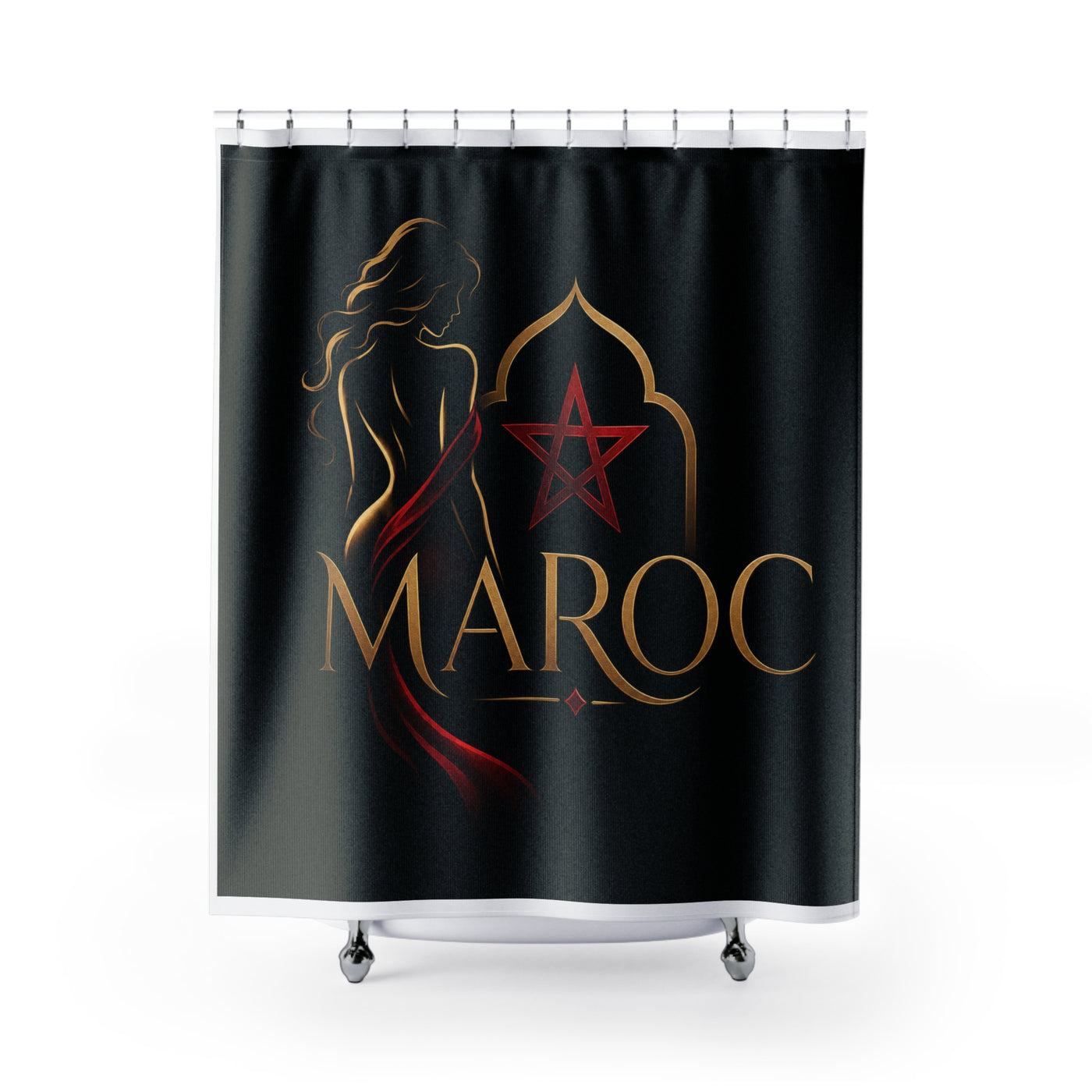Morocco 'Maroc' Elegant Black Shower Curtain — Gold Silhouette & Red Star Design