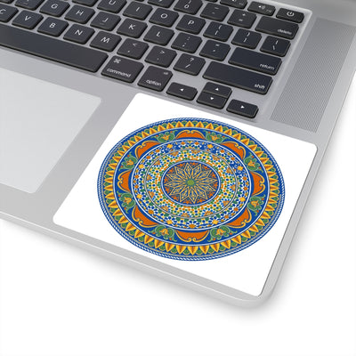 Mediterranean Mandala Kiss-Cut Sticker — Blue & Orange Decorative Circle Decal