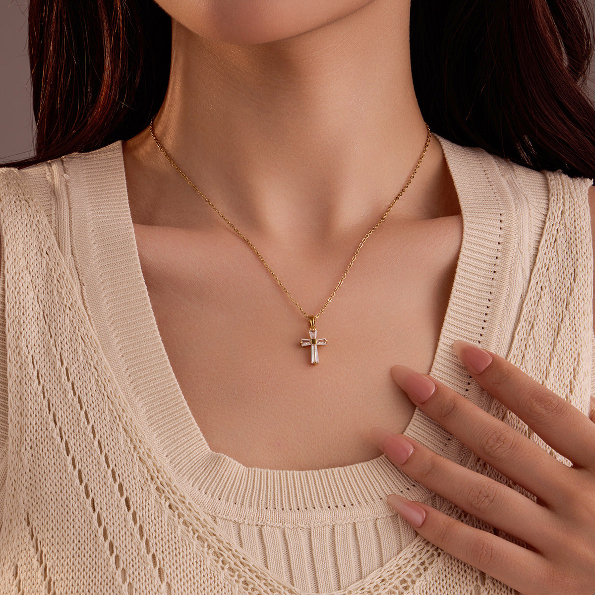 Collier Croix Zircon Plaqué Or 18K Acier Inoxydable | Boutique84
