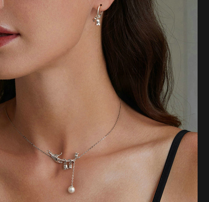 S925 Sterling Silver Simple Campanula Necklace Earrings Set for Women