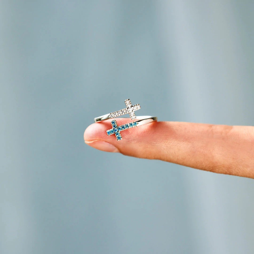 Bague Croix Zircon Bleu Blanc Réglable Femme | Boutique84