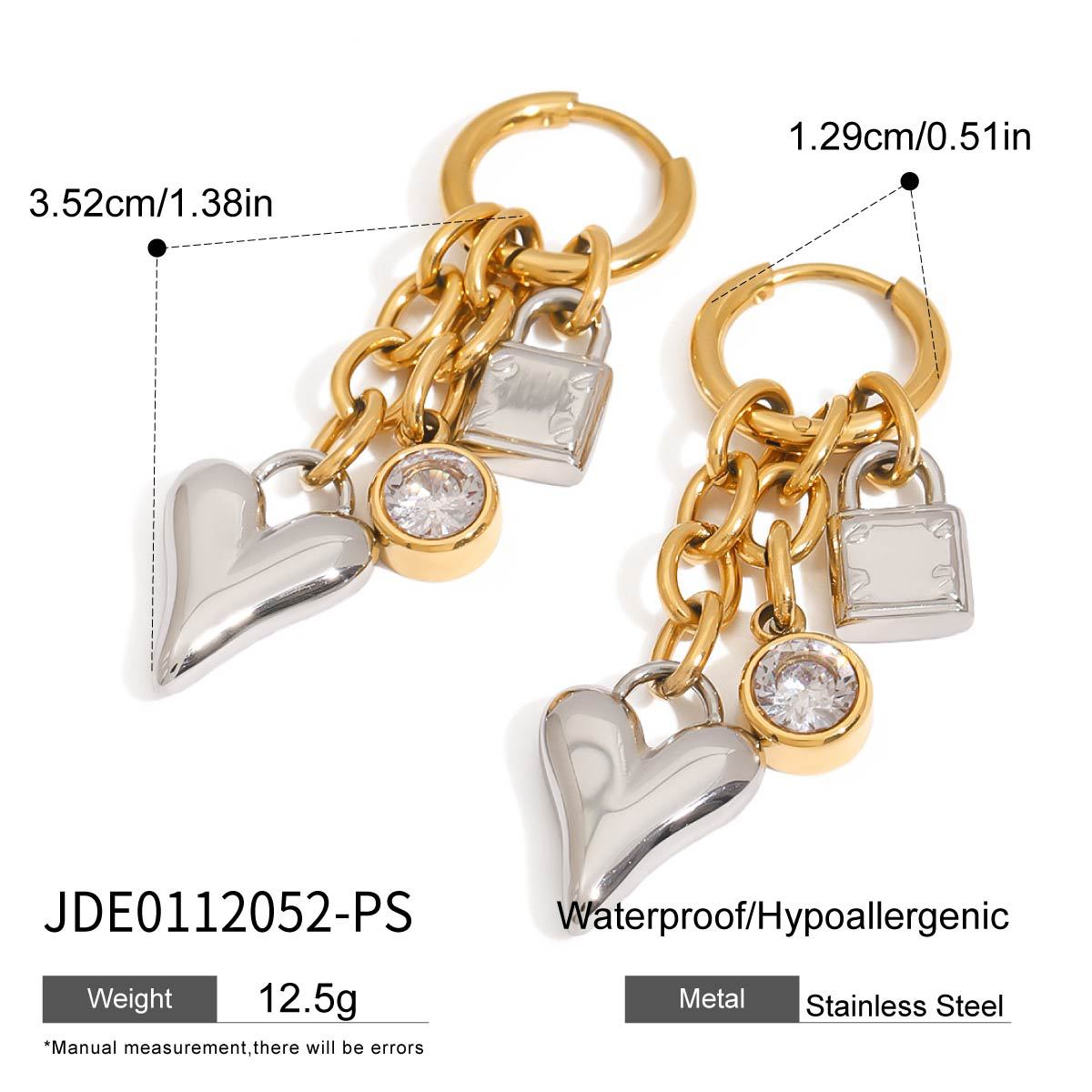 18K gold stainless steel heart-shaped zircon pendant earrings