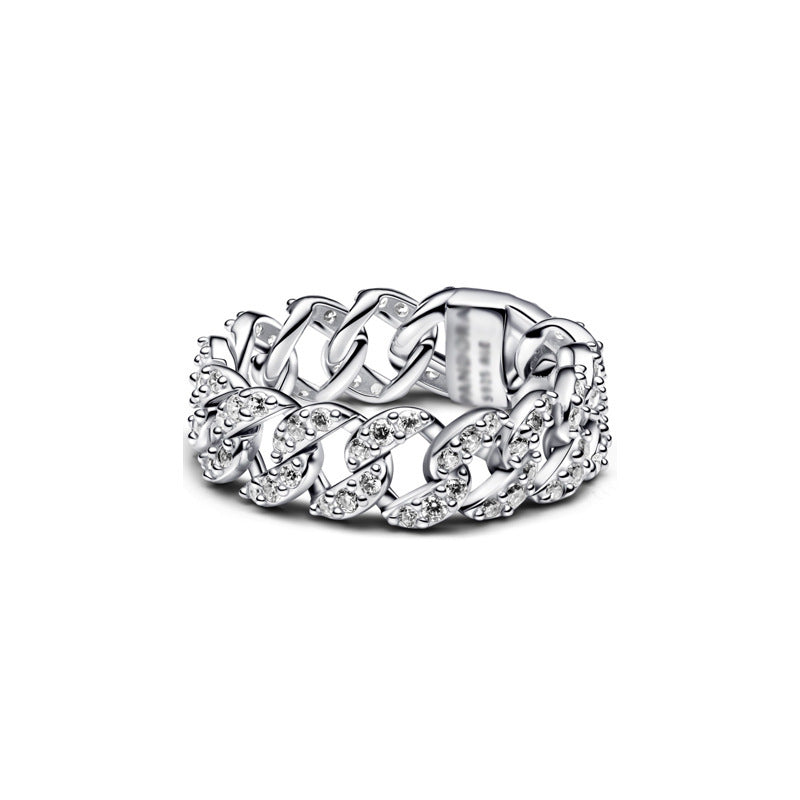 Panda Dora S925 Silver Ring with Pav&eacute; Set Sparkling Starlight Bow, Fashionable Elegant Women's Ring, Cuban Chain Pair Ring