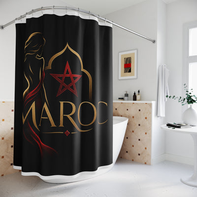 Morocco 'Maroc' Elegant Black Shower Curtain — Gold Silhouette & Red Star Design