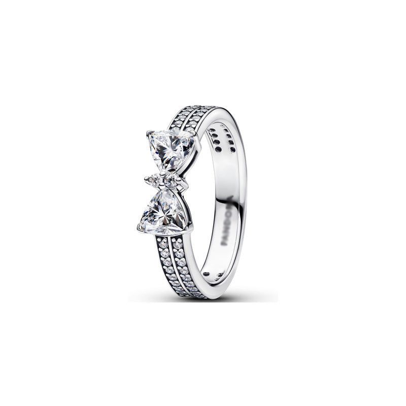 Panda Dora S925 Silver Ring with Pav&eacute; Set Sparkling Starlight Bow, Fashionable Elegant Women's Ring, Cuban Chain Pair Ring