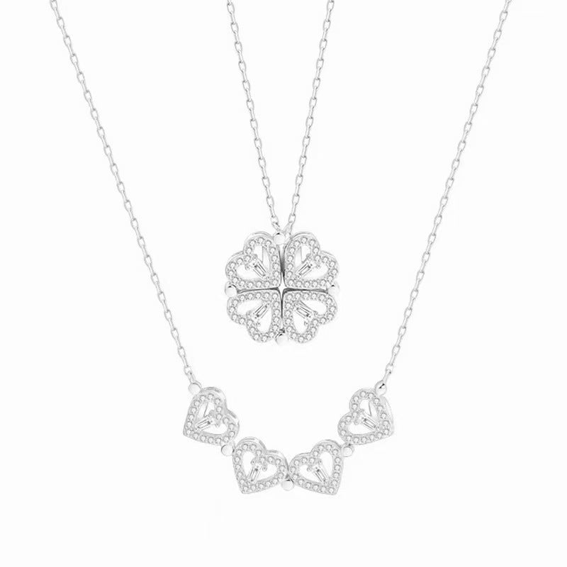 Collier Duo Cœur Trèfle Aimanté Zircon Femme | Boutique84