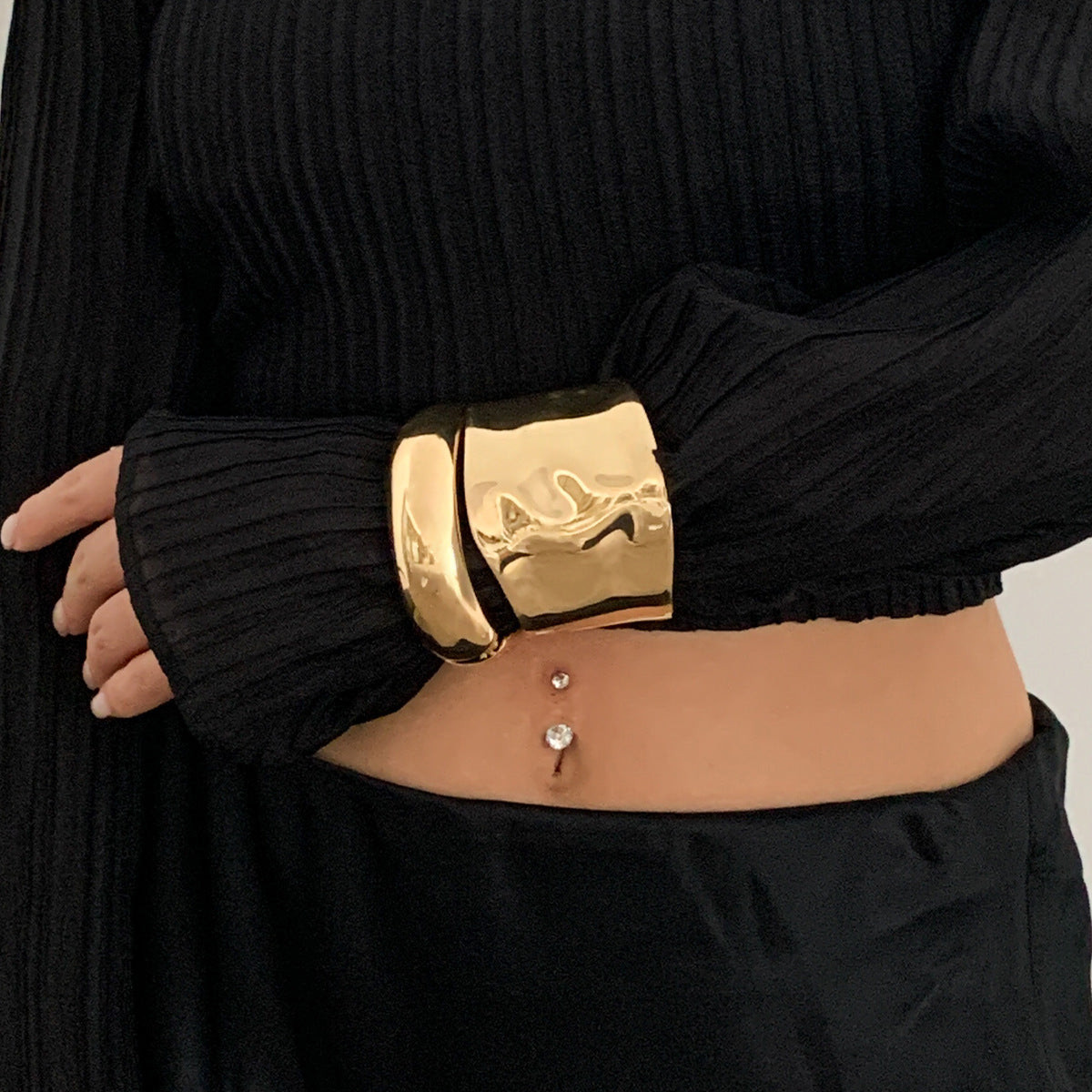 Cold Wind Curved Smooth Surface Spring Bracelet Irregular Metallic Wide Version Ring Set