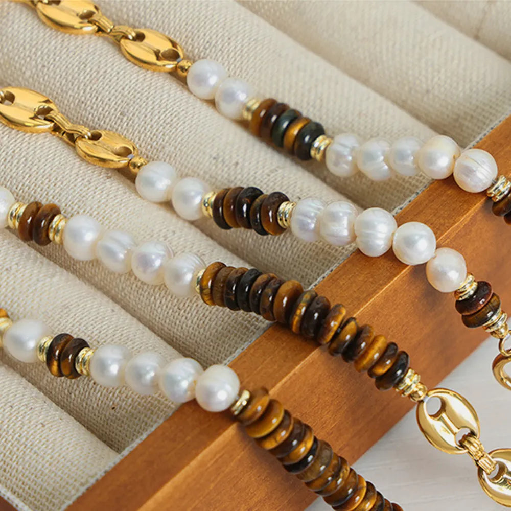 Collier Perle d'Eau Douce Œil-de-Tigre Chaîne Dorée | Boutique84
