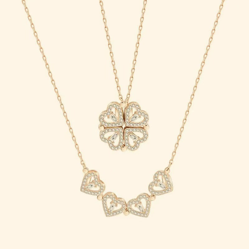 Collier Duo Cœur Trèfle Aimanté Zircon Femme | Boutique84