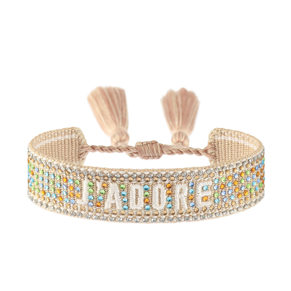 Cross-border Fully Ironed Colorful Diamond Woven DIY Bracelet Accessories for Women Creative Ethnic Embroidery Letter Rope