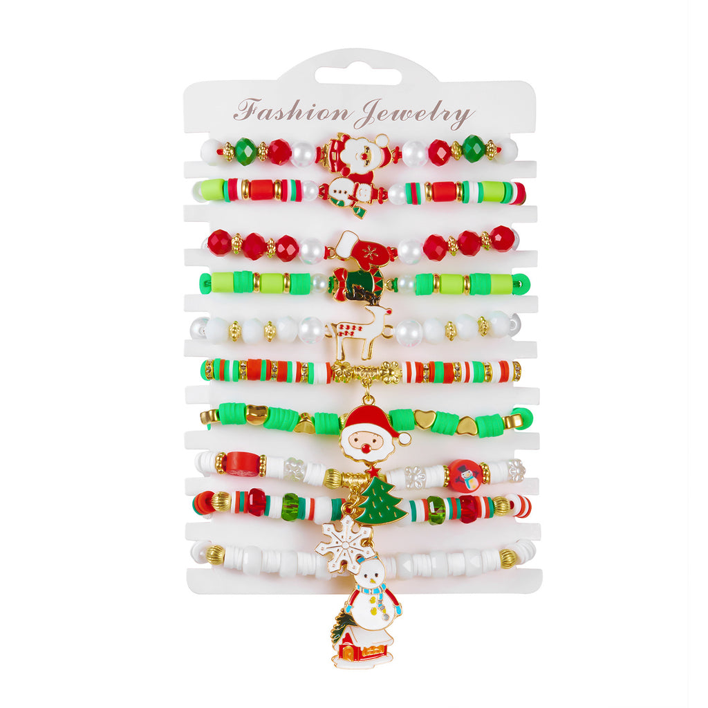 Style Christmas Bracelet Set with Soft Clay Crystal Santa Claus Pendant and Letter Beads, 10-Piece Pack for Wholesale