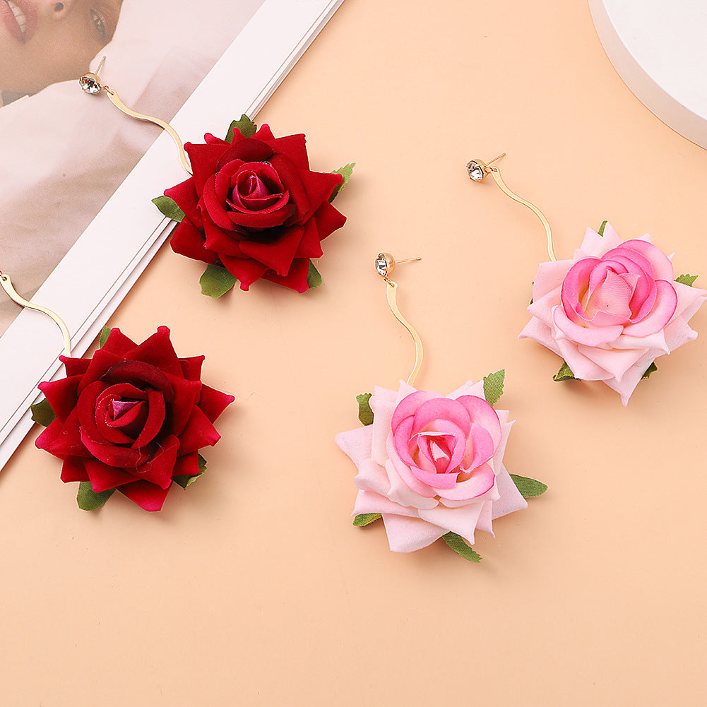 Exaggerated 3D Rose Drop Earrings Bridal Photo Shoot Ear Jewelry Wholesale
