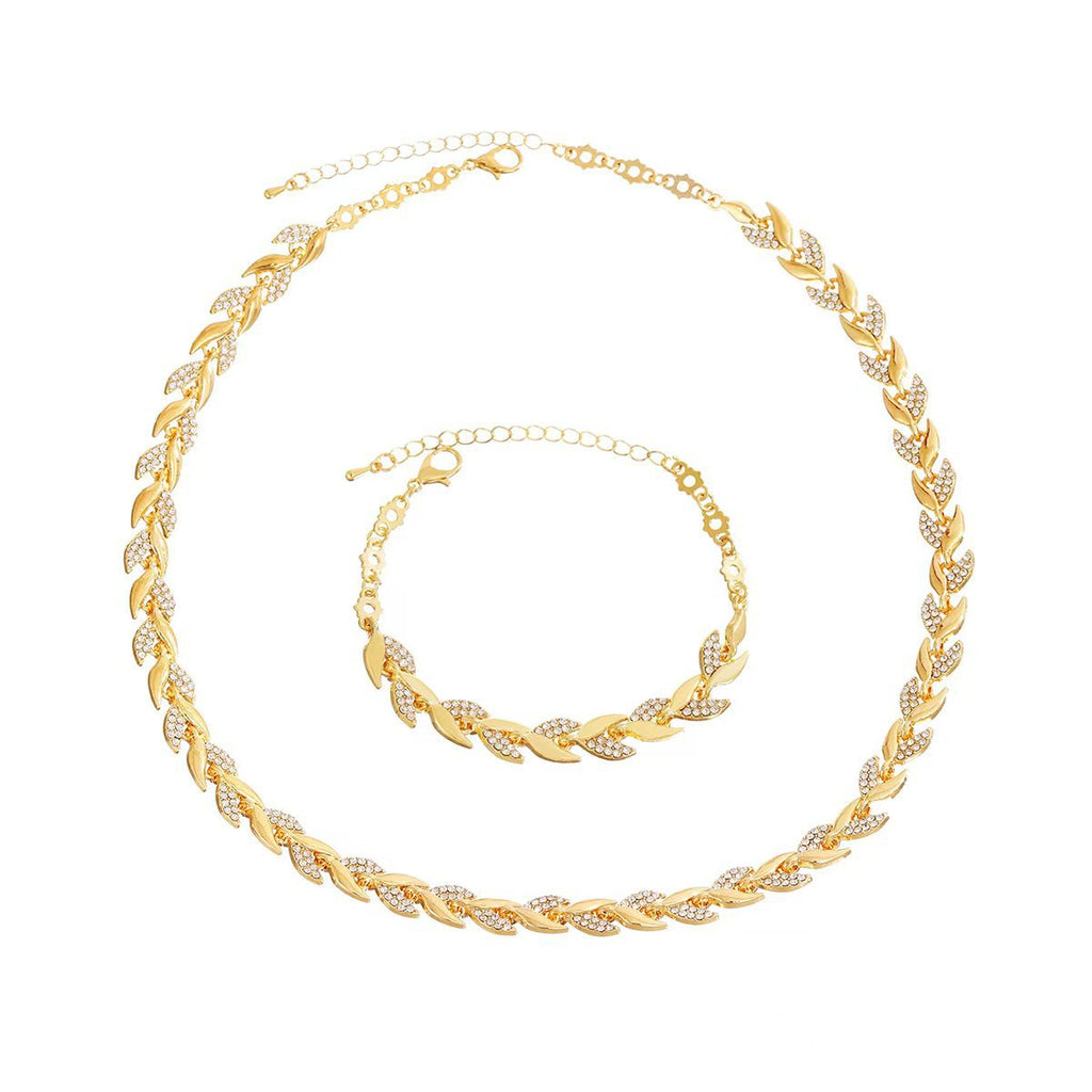 Fashionable European &amp; American Style Luxury Leaf-Shaped Rhinestone Bracelet and Necklace Set, Sparkling Mermaid Full Rhinestone Party Jewelry for Women