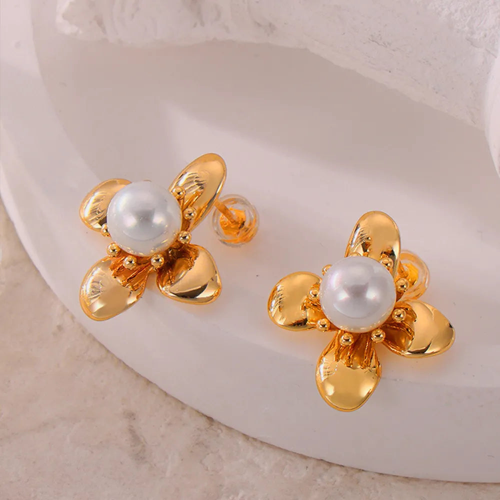Boucles d'Oreilles Fleur Perle Acier Titane | Boutique84