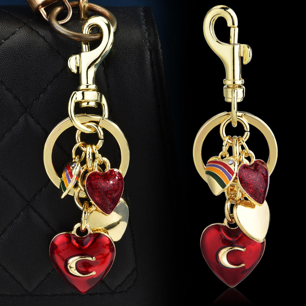Metal keychain cute fruit set with diamonds apple keyring pendant handbag keyring accessory for women