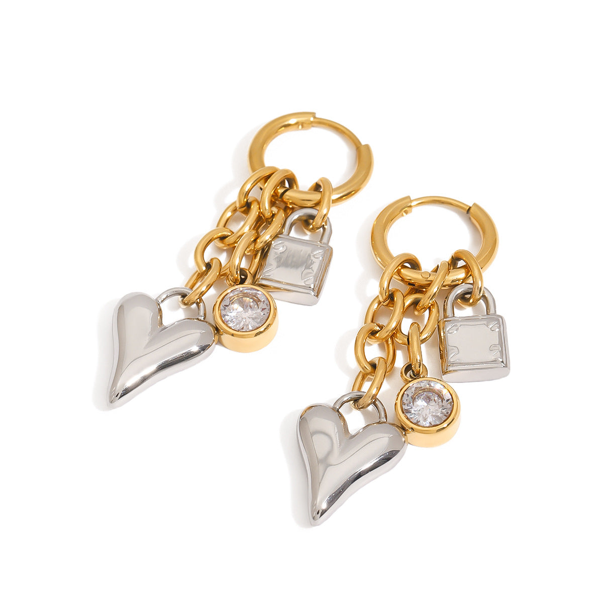 18K gold stainless steel heart-shaped zircon pendant earrings