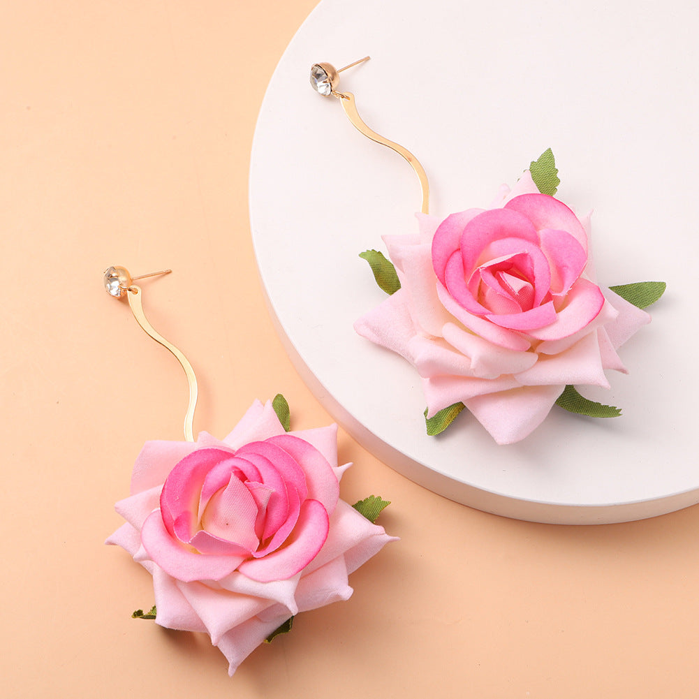 Exaggerated 3D Rose Drop Earrings Bridal Photo Shoot Ear Jewelry Wholesale