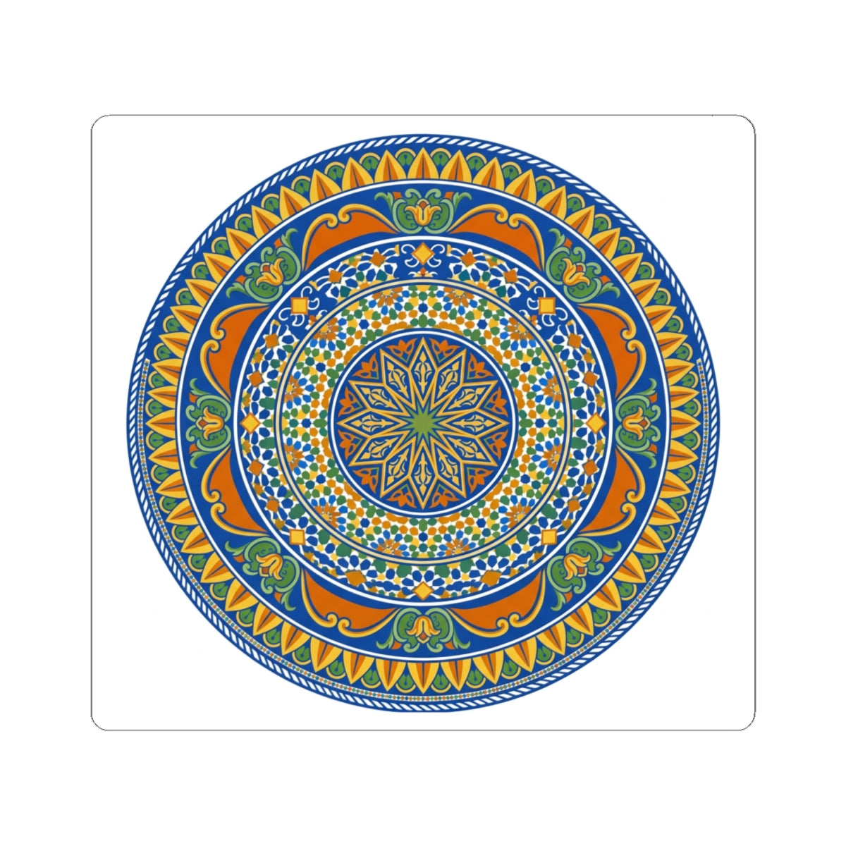 Mediterranean Mandala Kiss-Cut Sticker — Blue & Orange Decorative Circle Decal