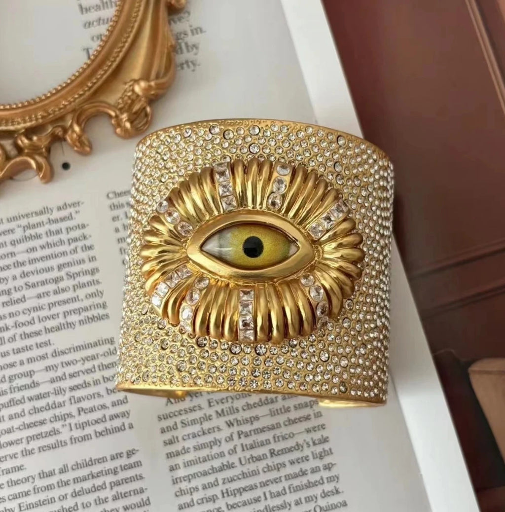 Fashion Trend Retro Literary Heavy Brass Gold-Plated Inlaid Shiny Rhinestone Niche Exaggerated Design Eyes Hundred Bracelet