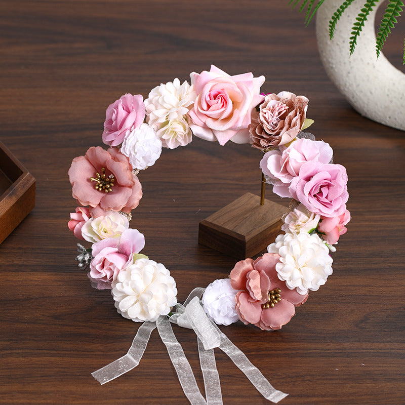 Floral Headband Hair Accessory with Artificial Flowers Wedding Bridal Veil, Photography Studio Beach Vacation Decorative Hairpiece