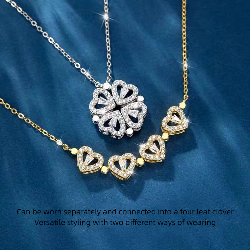 Collier Duo Cœur Trèfle Aimanté Zircon Femme | Boutique84
