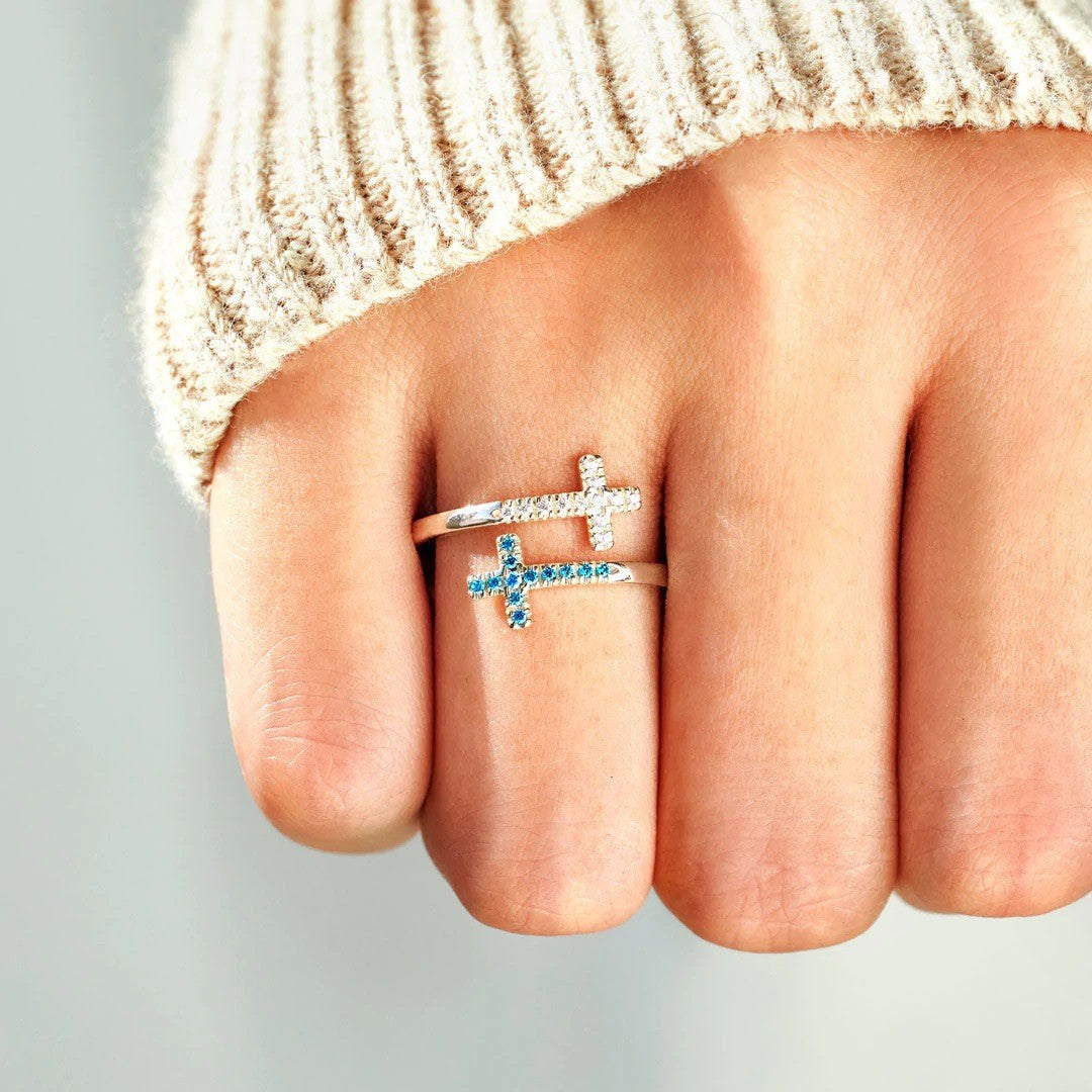Bague Croix Zircon Bleu Blanc Réglable Femme | Boutique84