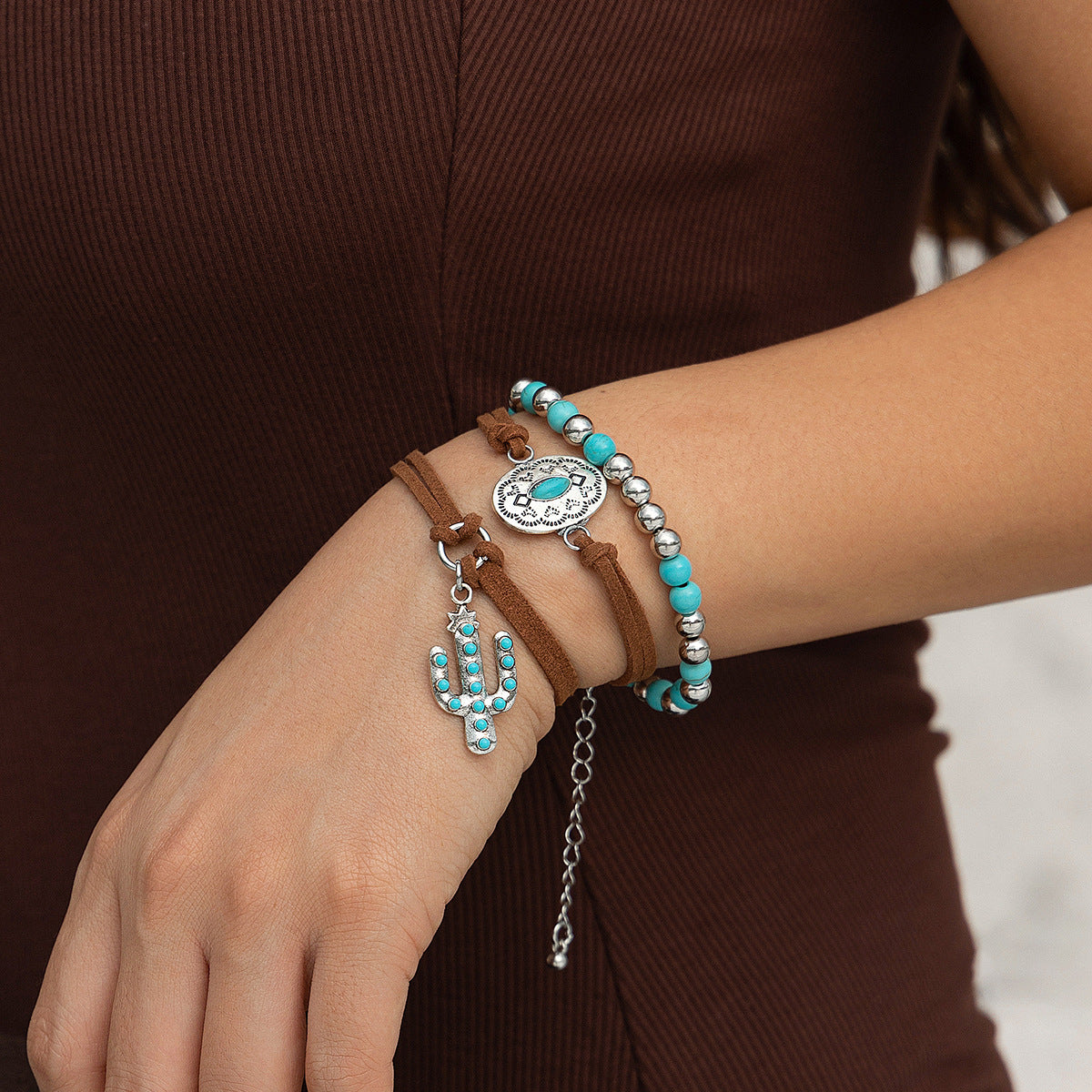 4-piece set of turquoise cowboy hat cross chain bracelet set, personalized multi-element bracelet
