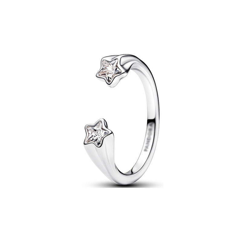 Panda Dora S925 Silver Ring with Pav&eacute; Set Sparkling Starlight Bow, Fashionable Elegant Women's Ring, Cuban Chain Pair Ring