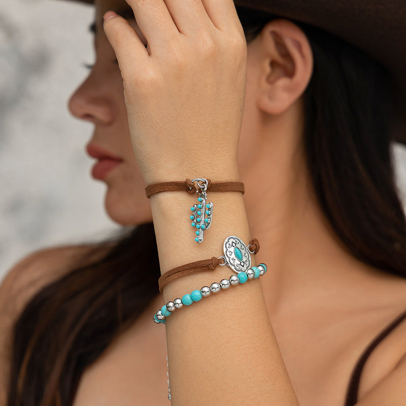 4-piece set of turquoise cowboy hat cross chain bracelet set, personalized multi-element bracelet