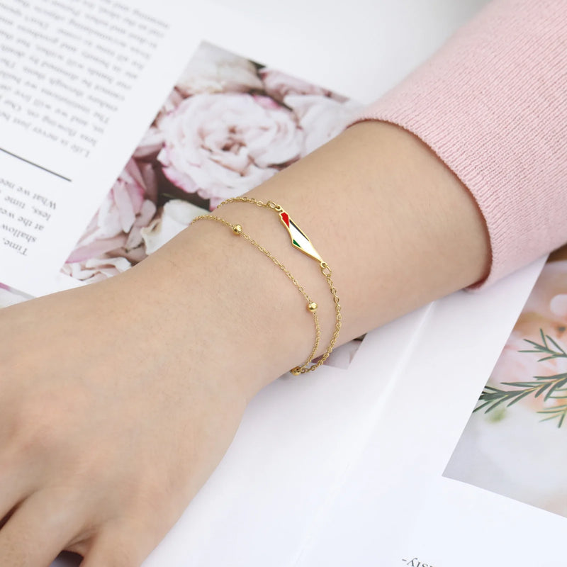 Stainless steel drip oil Israel and Palestine map pendant double-layer round bead bracelet