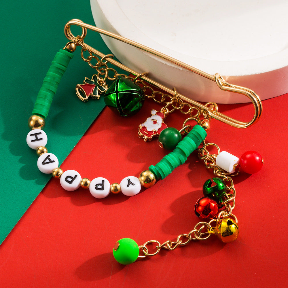 Christmas fun brooch alloy bead HAPPY letter bell accessories fashion holiday brooch