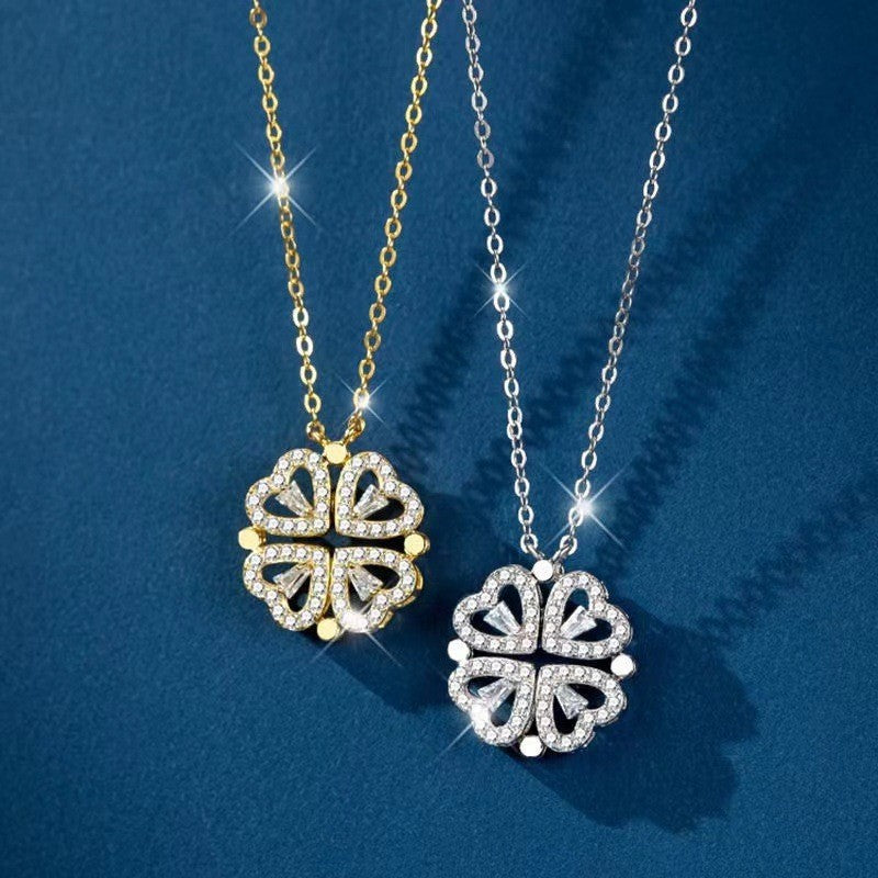 Collier Duo Cœur Trèfle Aimanté Zircon Femme | Boutique84