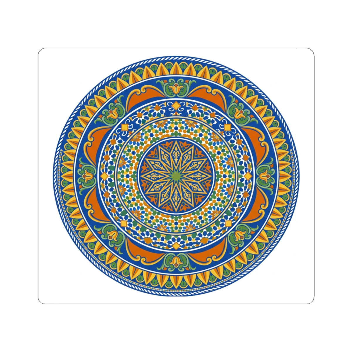 Mediterranean Mandala Kiss-Cut Sticker — Blue & Orange Decorative Circle Decal