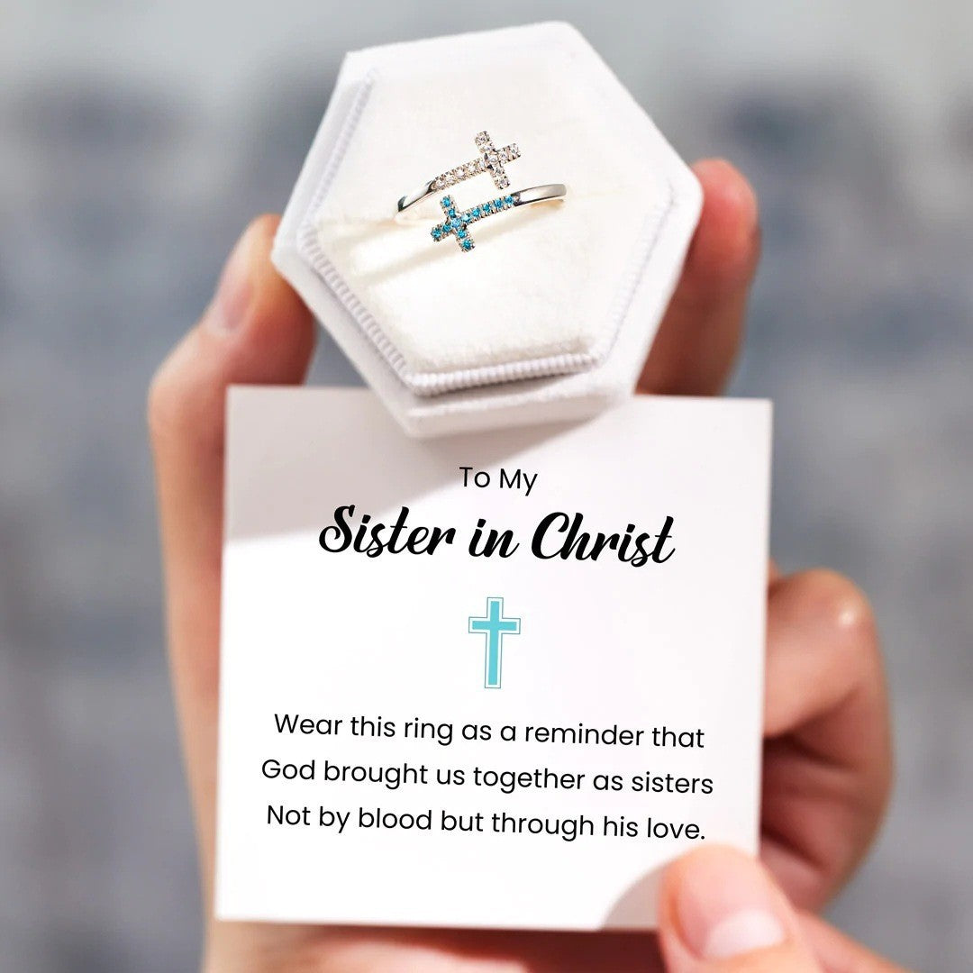 Bague Croix Zircon Bleu Blanc Réglable Femme | Boutique84