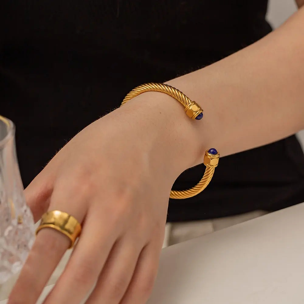 Stainless Steel Natural Stone Metal Texture Twisted Thread Bracelet 18k Gold Plated Tarnish Proof Women Jewelry Gift