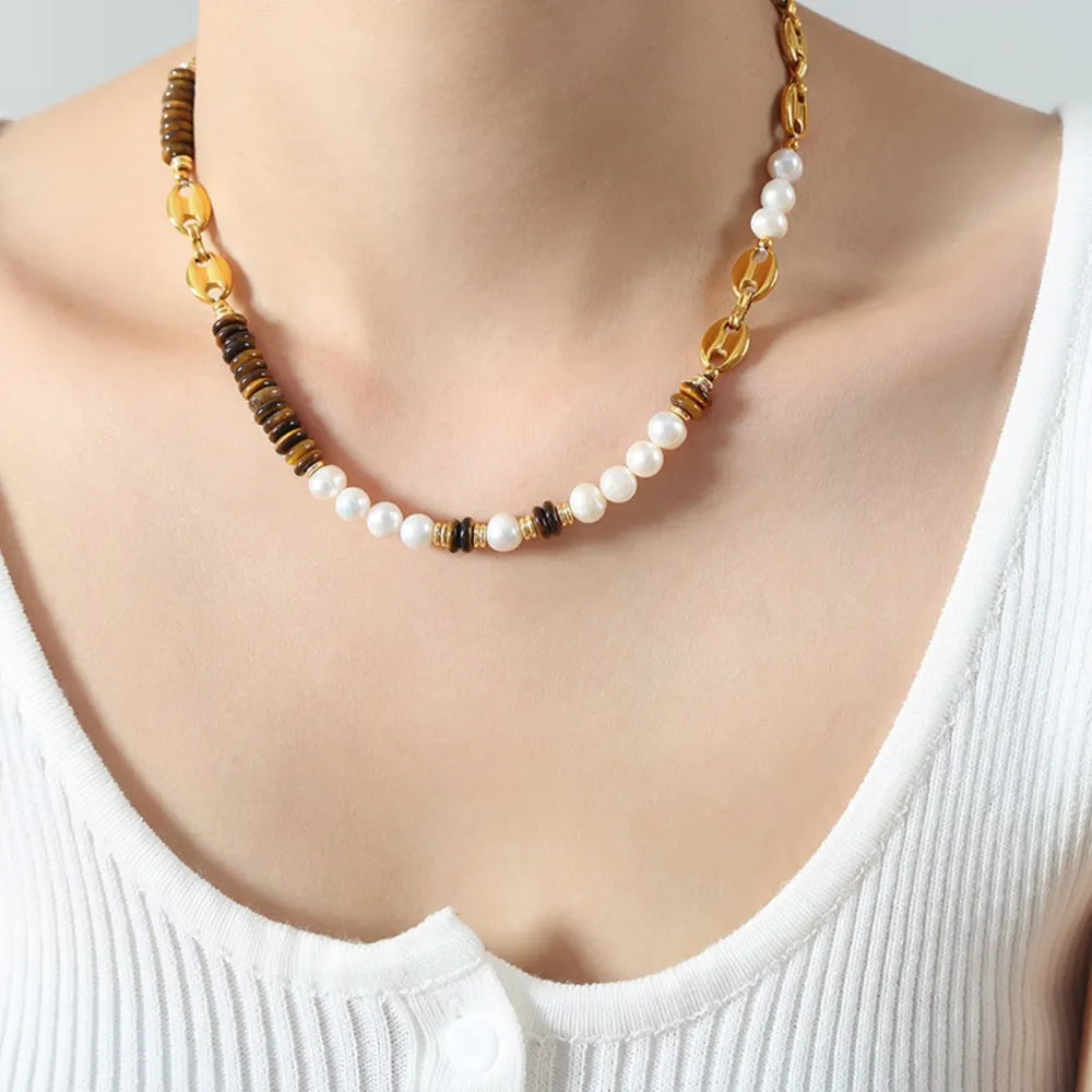 Collier Perle d'Eau Douce Œil-de-Tigre Chaîne Dorée | Boutique84